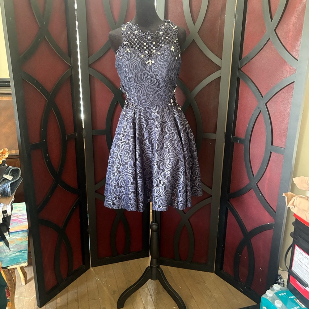 Elegant Blue Lace Dress with Embellished Bodice